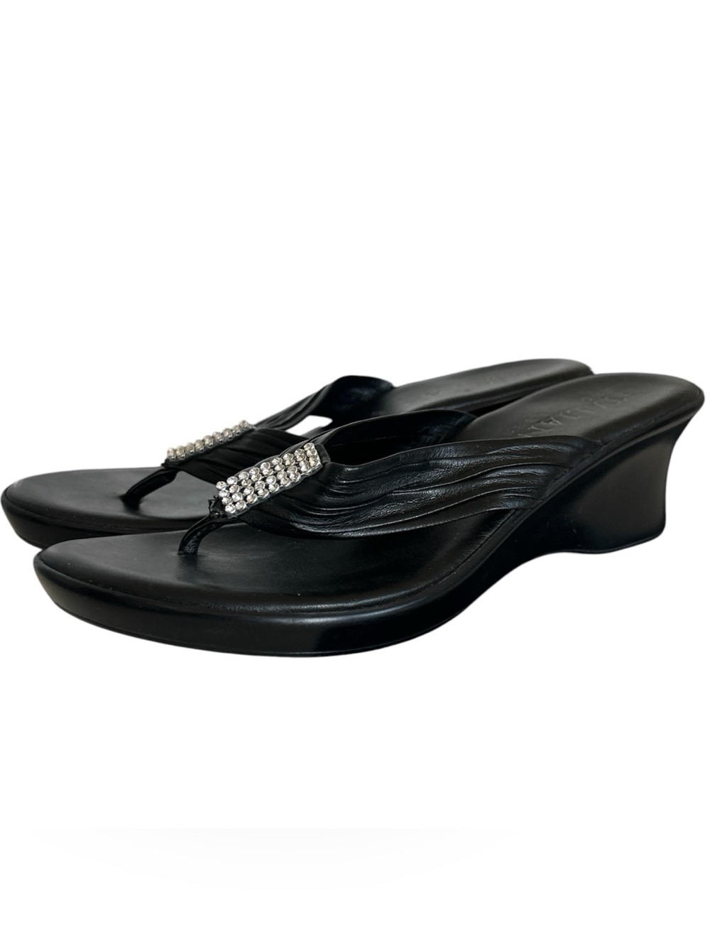 Y2K “Italian Shoemakers” Basic Black Wedge Sandals with Rhinestones